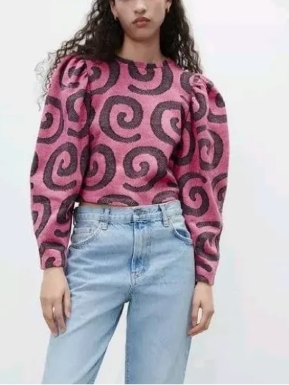 Zara Pink Black Swirl Print Cropped Knit Top Puff Sleeve Small